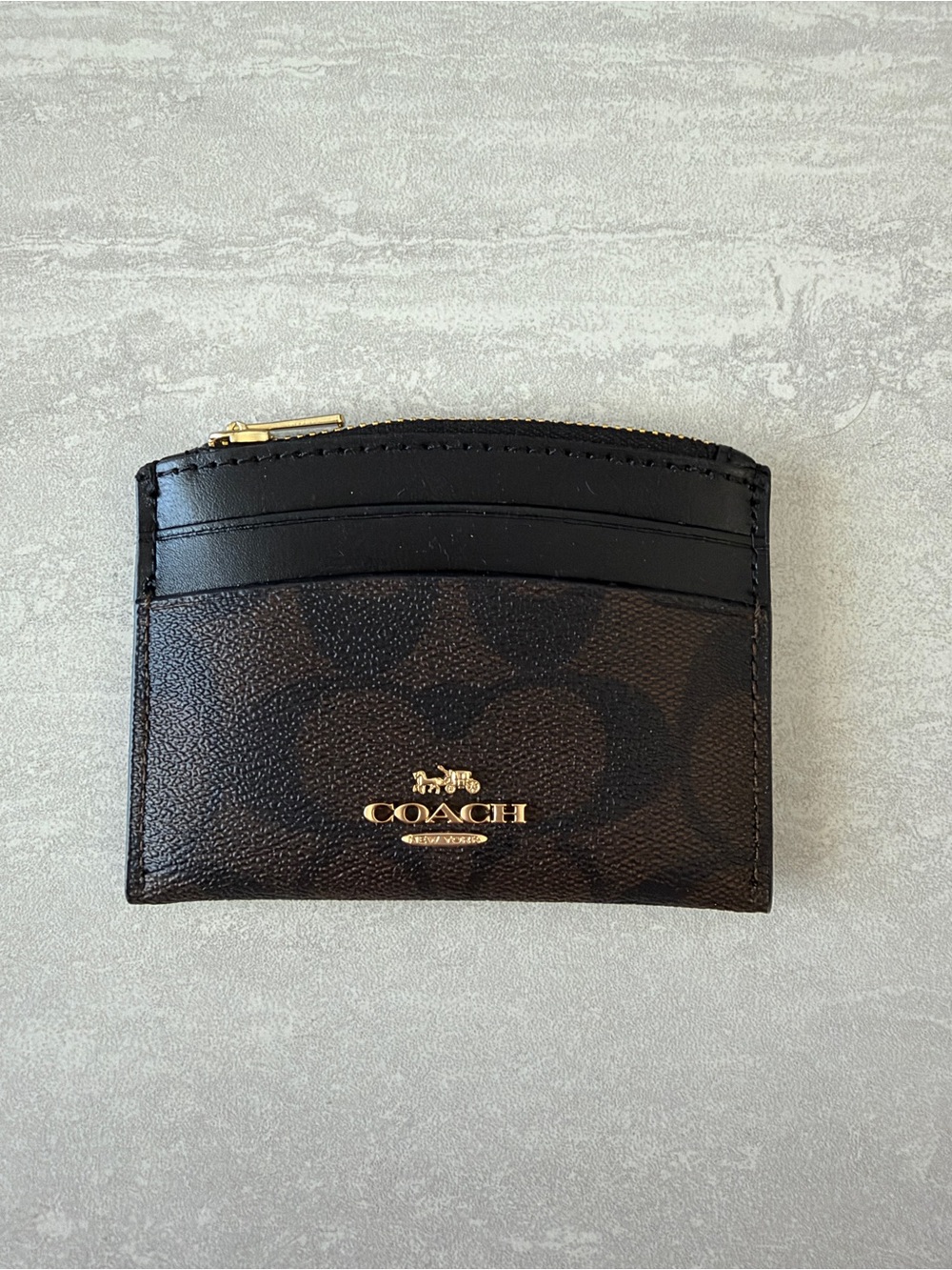 Coach Brown Signature Canvas Card Case with Black Leather Trim